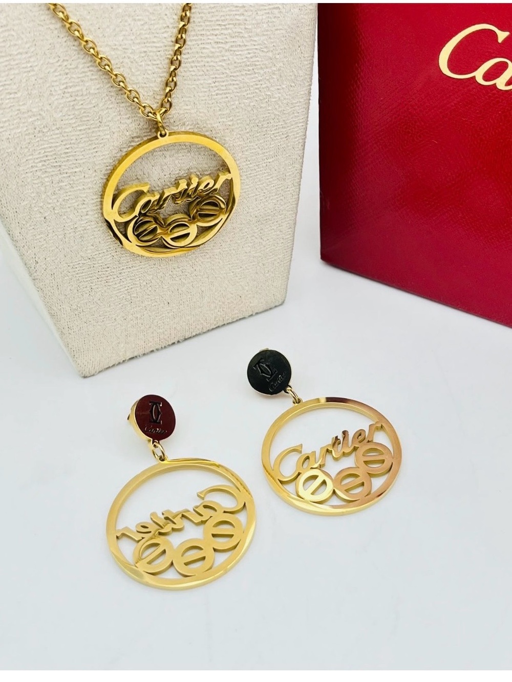 Fashion Jewelry Gold-Tone Script Logo Pendant Necklace and Earrings Set